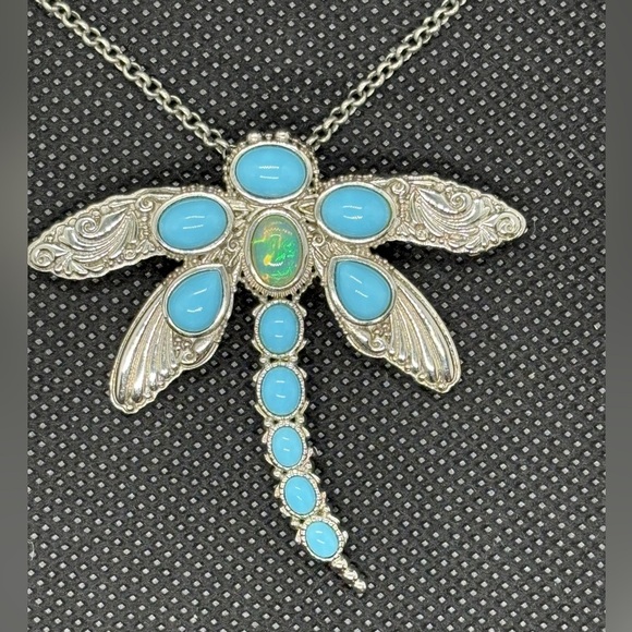 Exquisite Opal, SB Turquoise and Silver Dragonfly Pendant Necklace. 16-22” - Picture 2 of 4